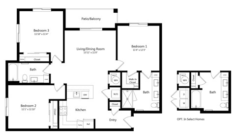 Floor plan for 3 beds, 2 baths, 1192 sqft